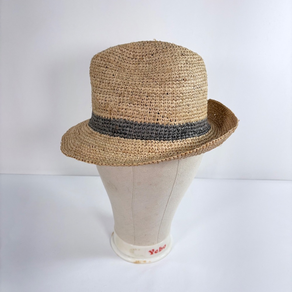 Shebobo Fedora Hat Tan 100% Raffia Handmade in Madagascar Grey Band Size M